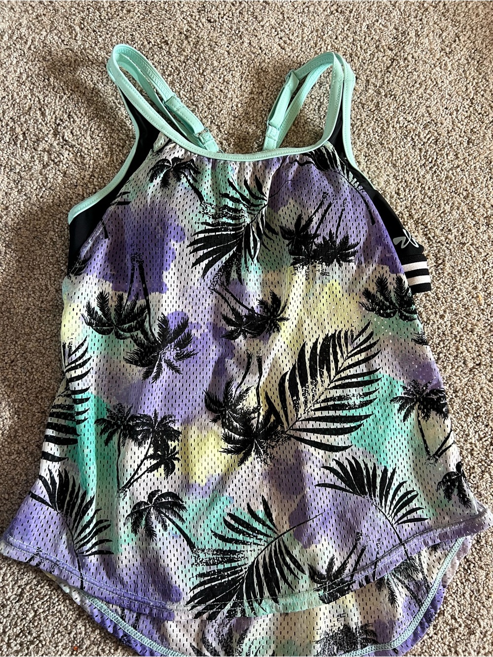 ZeroXposur Junior  Mint Purple Palm-Print Tankini Summer swimsuit padded Top S